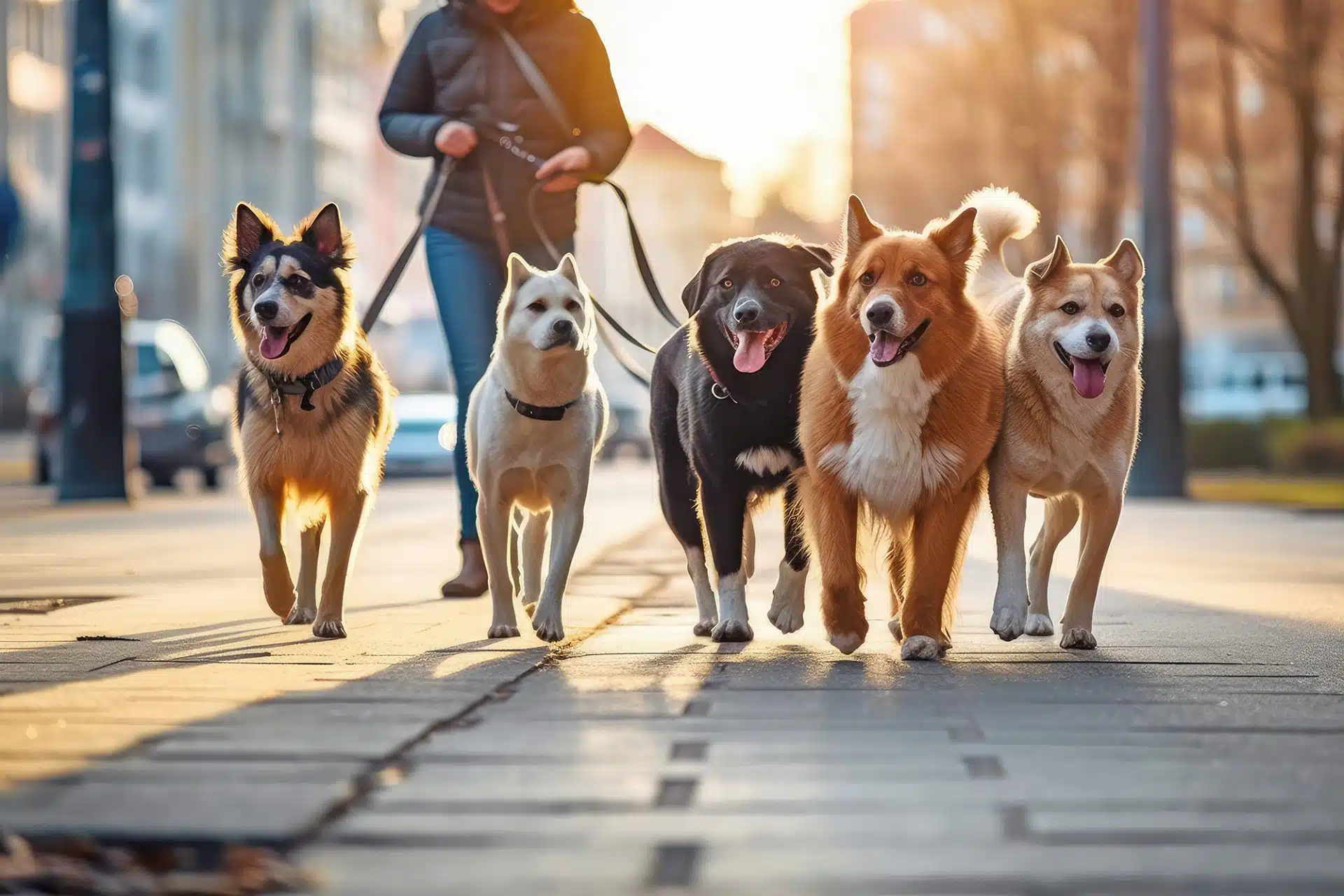 Hunde in der Stadt an der Leine